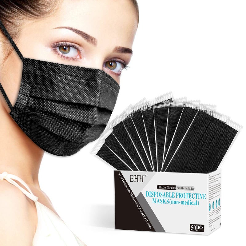 EHH Black Disposable Face Masks, Individually Wrapped, Breathable Face Mask for Men Women, 3- Ply, Comfortable Adult Masks with Adjustable Nose Wire & Elastic Ear Loop 50 Pcs, Black - Image 1